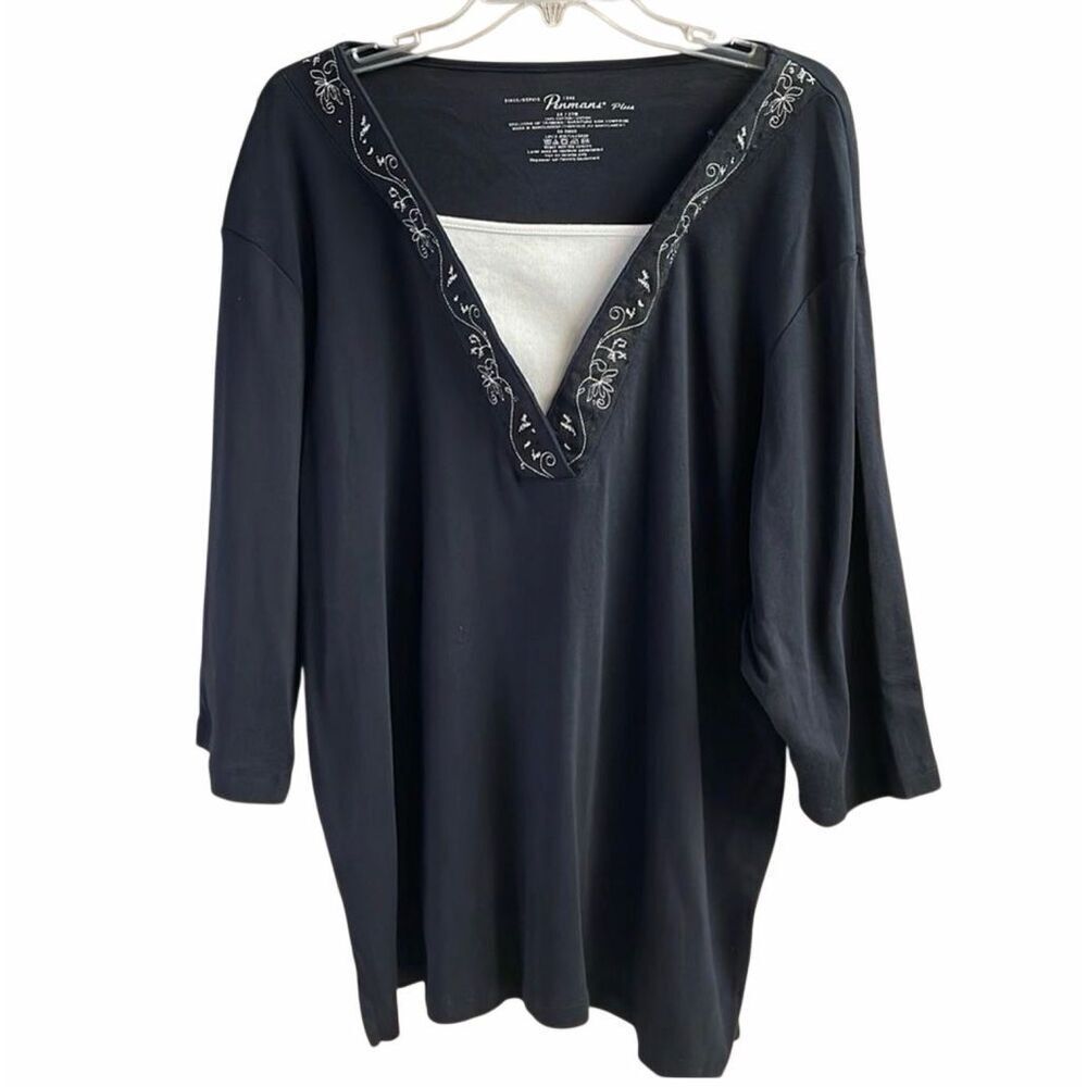 Penmans Plus 2X Black Embroidered Top Cotton Boho Cottagecore Casual Chic
